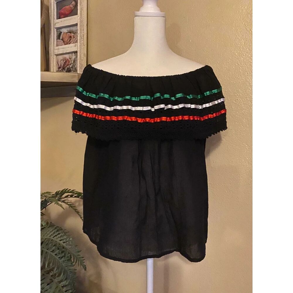 Mexican Off the Shoulder BLACK Tricolor Ribbon Peasant Top Cinco De Mayo SMALL